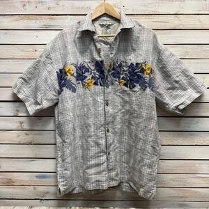 Vintage Bugle Boy Floral Camp Shirt Plaid Ramie Cotton Short Sleeve L
